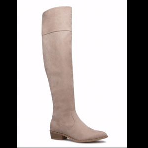 “Yasmin” Suede Over-the-knee boots in Taupe, 8.5